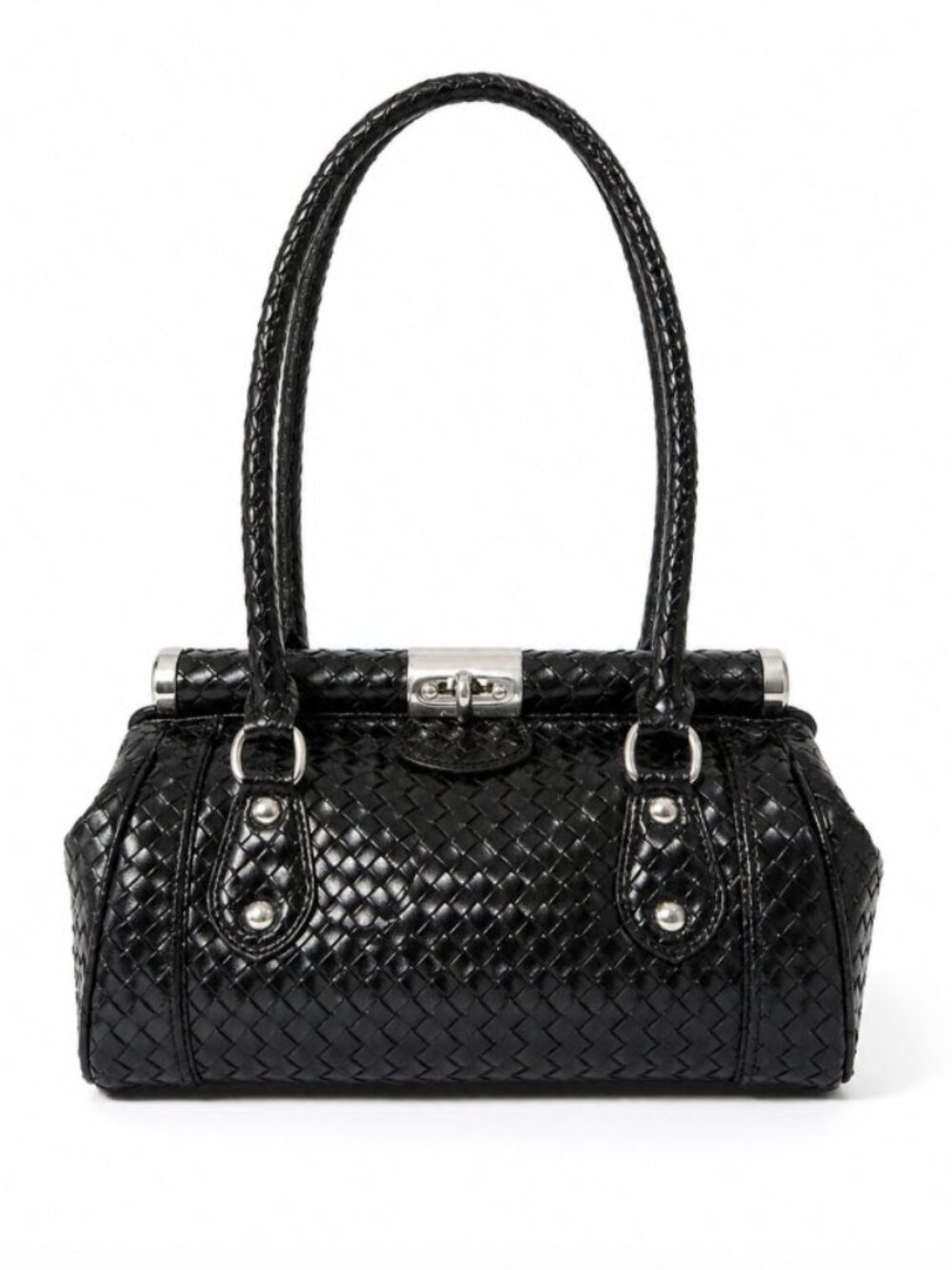 Black Woven Shoulder Bag with Silver Hardware